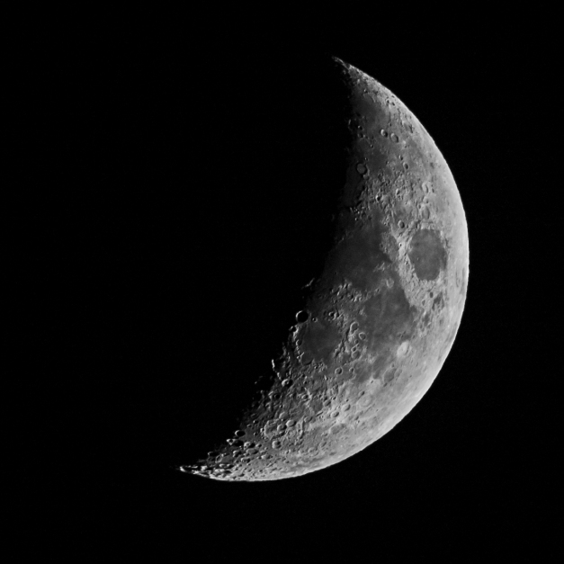 Twilight Moon. 32% waxing crescent. Canon 1100D attached to 480mm f6 telescope (with field flattener) via M48 adapter. 100 ISO and 1/250 second exposure.