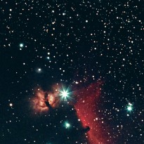 The bright star in the centre is Alnitak. The left-hand star in Orion's Belt. Just to the left is the Burning Bush nebula(NGC 2024). Below is the Horsehead nebula (Barnard 33) outlined by the glow of Hydrogen alpha light.