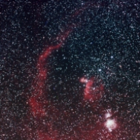 Barnard's Loop in Orion (Sharpless catelog - Sh2-276). An arc of high temperature ionised hydrogen gas around Orion - probably the remnant of an old supernova explosion. It forms the backbone of a "G-shape" with the burning bush and horsehead nebulae at the crossbar. Orion nebula is bottom right
